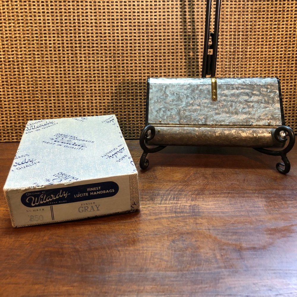 1950s Wilardy Gray Lucite Snap Clutch With Box, Authentication & Promotion Cards View 2